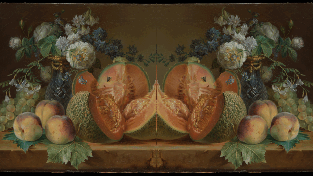 Le premier niveau du troisième opus. Il s'agit d'une nature morte avec des fruits : melon, raisins, pêches et des fleurs dans une caraffe noire.